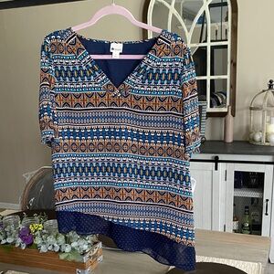 Valerie Stevens Stylus Blue Asymmetrical 3/4 Sleeve Blouse